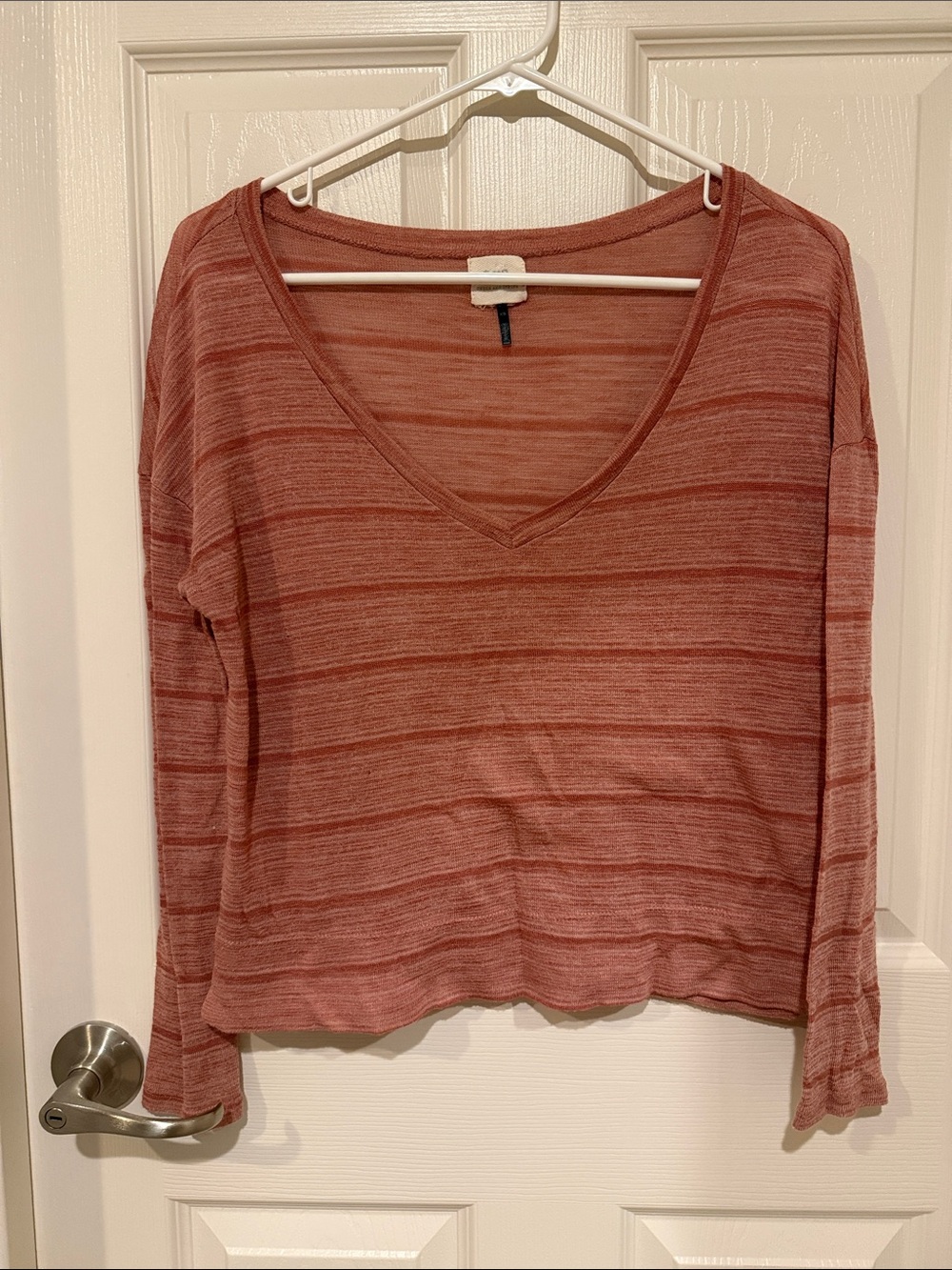Lightweight V-Neck Long Sleeve Top - Rust Stripe